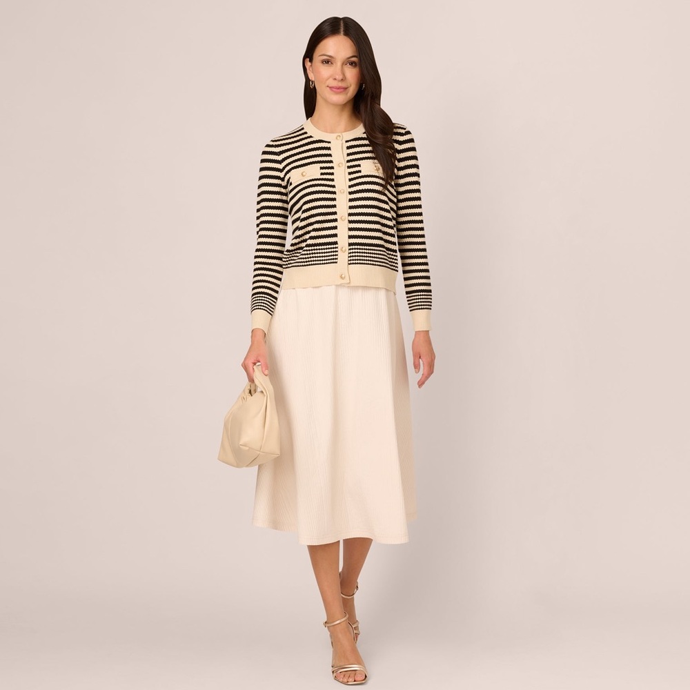 Adrianna‎ Papell Cream Black Striped Button Front Cardigan S Gold Button Knit - Picture 2 of 7